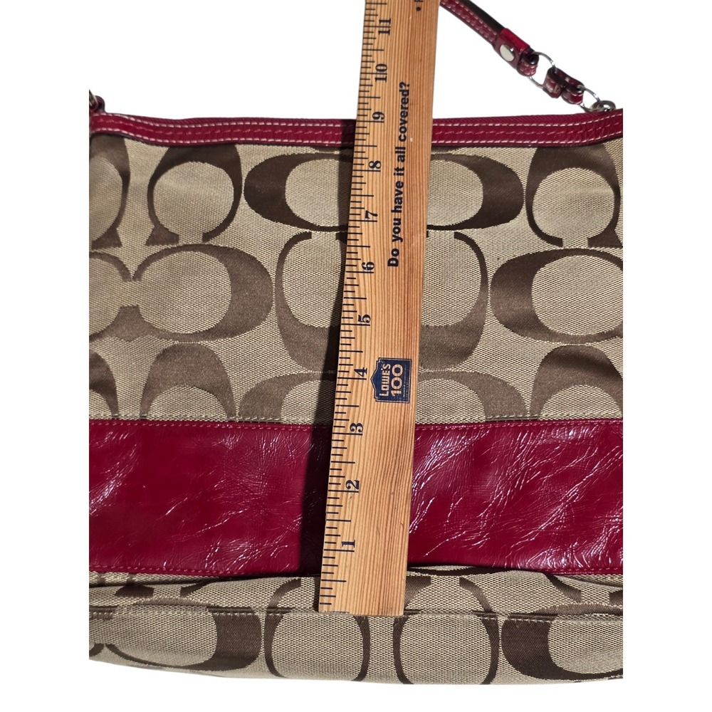 Coach Signature Canvas Shoulder Bag Red Leather Trim Zip Hobo Purse - Picture 4 of 10